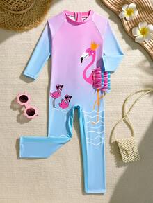 SHEIN 女婴可爱火烈鸟印花长袖连体衣 - 彩色 - 查看 1