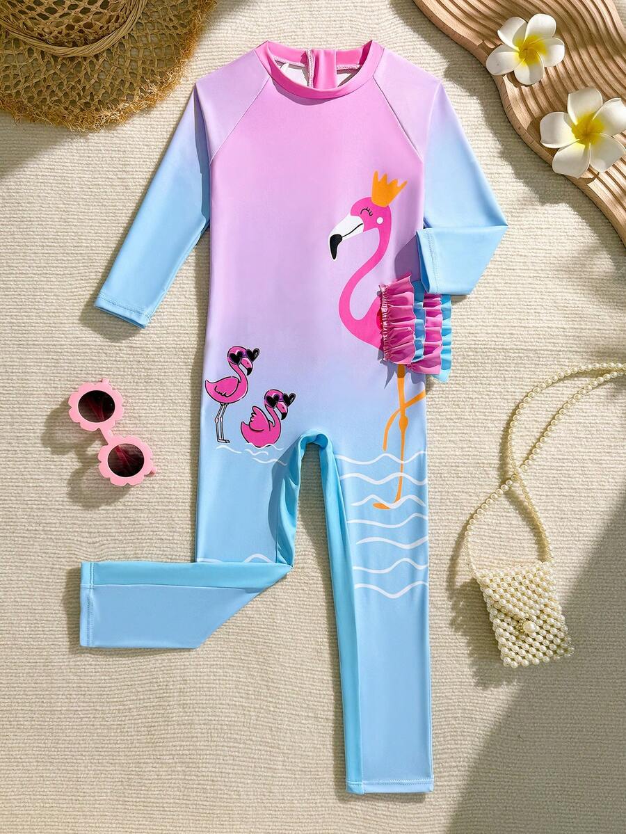 SHEIN 女婴可爱火烈鸟印花长袖连体衣 - 彩色 - 查看 1