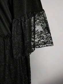 SHEIN ICON 女款大尺碼蕾絲拼接骷髏印花黑色T恤洋裝 - 黑色 - 查看 8