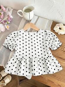 SHEIN LMoss Kids 女童休閒梭織圓領短袖波點套頭上衣 - 白色 - 查看 2