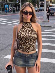 SHEIN ICON Y2k 夏季女款外出棕色嬉皮風性感休閒度假豹紋露背貼身短版掛脖上衣 - 彩色 - 查看 4
