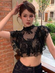DAZY 女款優雅蕾絲荷葉邊飾夏季襯衫 - 黑色 - 查看 6