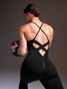 Powerista Women's Minimalist Solid Color Tight Fit Sports One-Piece Long Pants Yoga - Black - View 1