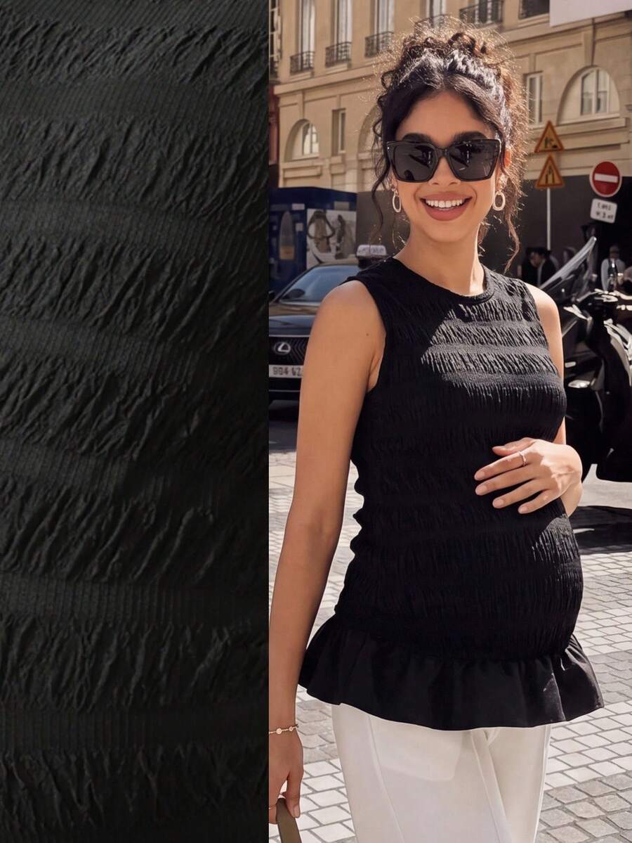 Momance Comfortable Slimming Maternity Set, High Elasticity Ruched Ruffle Top Paired With Four-Way Stretch Wide Leg Pants, Elegant Luxury Old Money Style Maternity Outfit 2-Piece Set - Multicolor - View 1