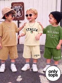 3pcs Tops Boy Minimalist Business Elegant Handsome Outfit Set, Summer Outing Choice, Minimalist Letter Print Pattern Brown T-Shirt - White - View 3
