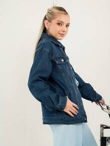 Ximena Robles Ximena Robles 女式落肩长袖口袋宽松休闲牛仔夹克，春秋装，秋季女装 - 深色水洗藍 - 查看 4