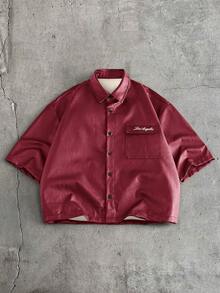 AXEPEAK Kemeja Pria Kasual Serbaguna untuk Pemakaian Sehari-hari dengan Motif Huruf dan Kancing Tunggal - Merah - View 7