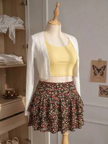 Comfortcana Plus Size Women's Casual Ditsy Floral Multi-Layer Skirt - Multicolor - View 3