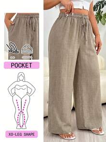 SHEIN PETITE CURVE Plus Size Casual Loose Pants For Vacation Bussines Vacation Khaki Summer Bussines Vacation - Camel - View 7