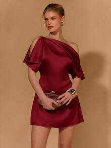 COSMINA Women's New Elegant Satin Mini Dress/Party Dress/Formal Occasion Cocktail Dress - Burgundy - View 1