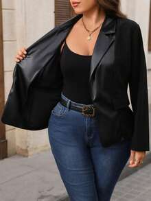 Miaspire Women's Plus Size Black Leather Collar Patchwork Business Formal Smart Office Short Blazer Summer 2026 Outfits Teachers' Day Casual Elegant - Black - View 7