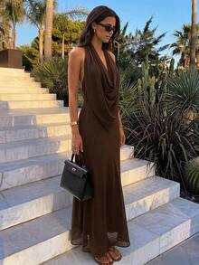 Firerie Women's Elegant Deep Draped Neck Backless Dress, Suitable For Party Night Evening, Birthday, Bar, Valentine's Day, Gathering, Coffee Brown Summer - Coffee Brown - View 3
