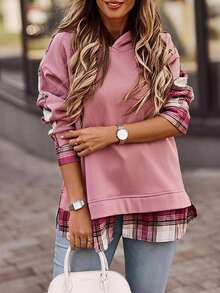 EMERY ROSE Plus Size Women's Blush Pink Plaid Color Block Hooded Long Sleeve Ribbed Cuff Pullover Hoodies Casual Daily Going Out Fall Fashion 2026 - Dusty Pink - View 2