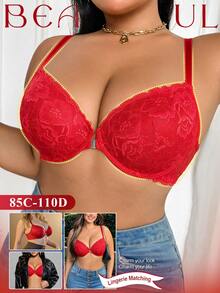 SHEIN Sutiã Plus Size com Aro, Renda Sexy, Fechamento Frontal e Push Up, 1 Peça - Vermelho - Visão 7