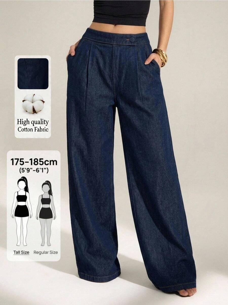 SHEIN Tall 高個女款高腰口袋寬腿寬鬆休閒牛仔褲 夏季外出辦公海軍藍 - 藍色 - 查看 1