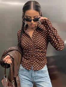 SHEIN EZwear 棕色編織波點女款休閒襯衫 - 咖啡棕 - 查看 10