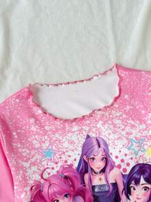 SHEIN Tween女孩 2件組粉色卡通圖案圓領長袖上衣與長褲，柔軟舒適居家睡衣套裝，秋冬長袖長褲居家休閒服套裝，秋冬穿搭 - 粉色 - 查看 4