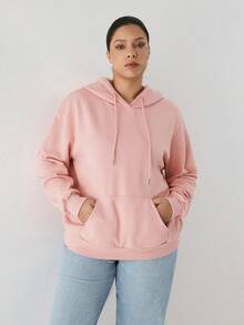 YARNWELL Sweatshirt Berkerudung Lengan Panjang dengan Kantong Serbaguna untuk Wanita Ukuran Plus, Cocok untuk Musim Gugur. - Berwarna merah muda - View 9