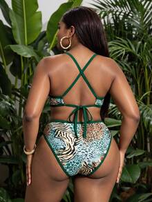 Slaydiva Bikini Dua Potong Ukuran Plus Wanita Musim Panas 2026 Terbaru, Bawahan Segitiga Pinggang Sedang Motif Leopard Leher V - MultiWarna - View 2