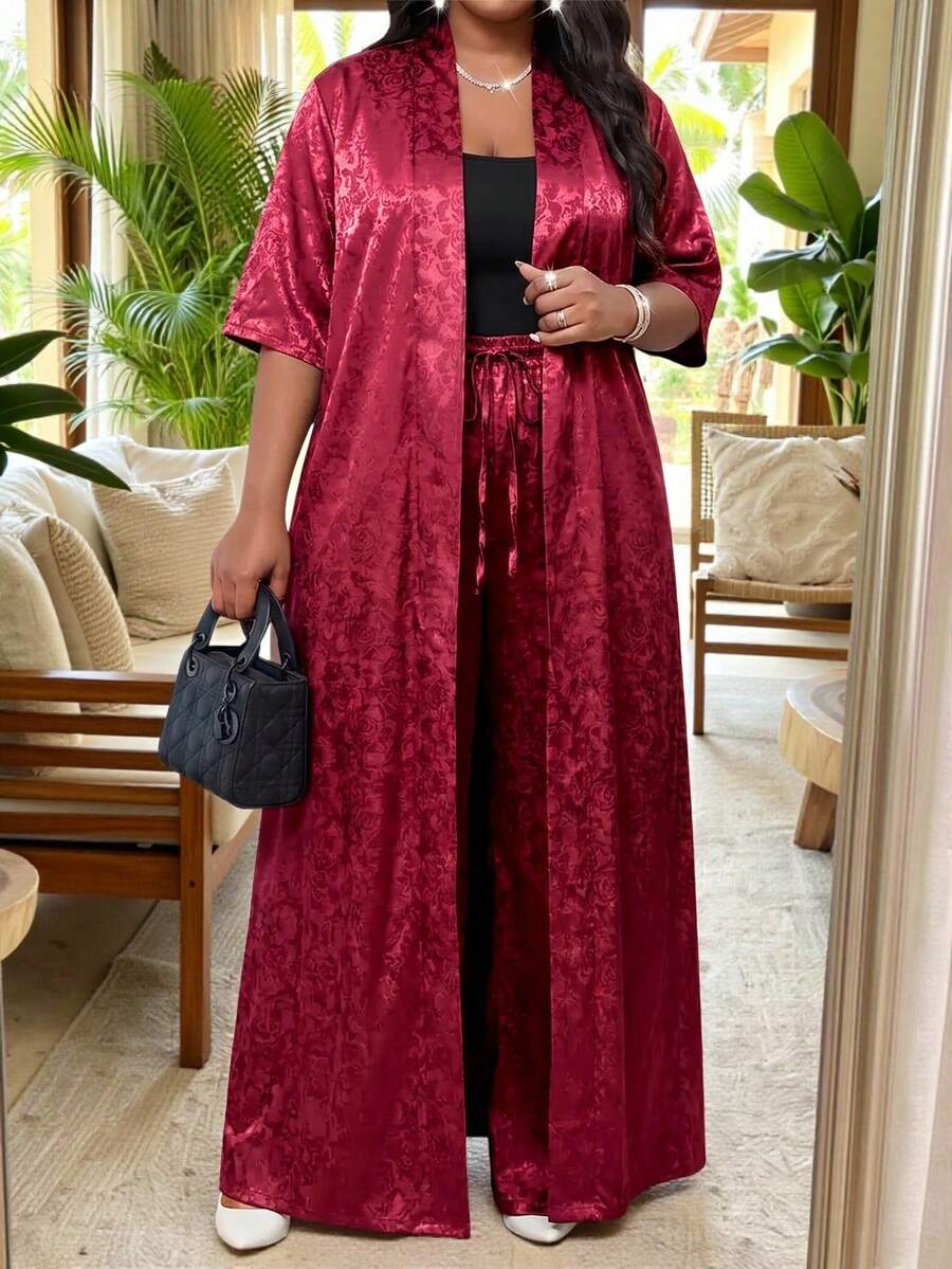 SHEIN Lady 大尺碼女款抽繩腰寬腿褲與短袖長款睡袍休閒日常兩件套 - 酒紅色 - 查看 1