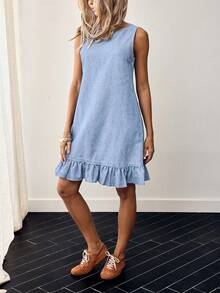 SHEIN LUNE Plus Size Summer Casual Ruffle Hem Denim Dress - Blue - View 12