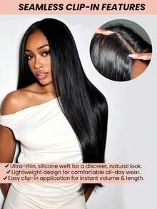 Extensiones de cabello humano con clips invisibles de PU, tejido de piel de PU sin costuras, liso y sedoso. Extensiones con clips reales de cabello humano, 7 piezas con 16 clips por set - SNatural - Ver 6