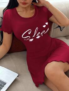 SHEIN 女款夏季短袖休閒字母印花Ins風睡裙 - 酒紅色 - 查看 5