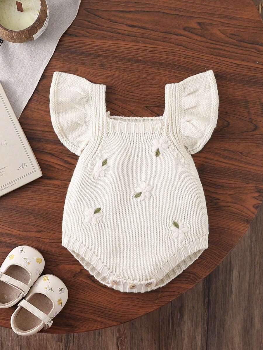 SHEIN 女嬰女童針織毛衣連身衣 春/夏/秋 嬰兒幼兒連身褲 優雅淑女風 百搭花卉刺繡 時尚款