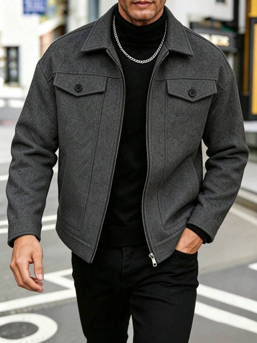 Manfinity Homme Men's Mature Casual Solid Dark Gray Overcoat - Dark Grey - View 1