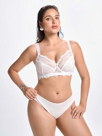 Slumbrini 1 buah Bra Tanpa Kawat Berbantalan Motif Renda Patchwork untuk Wanita Ukuran Plus, Desain Nyaman & Minimalis