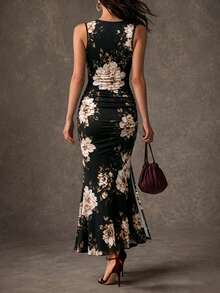 valorelle valorelle Vestido midi casual de fiesta para mujer con estampado floral, diseño plisado y abertura - Negro - Ver 2