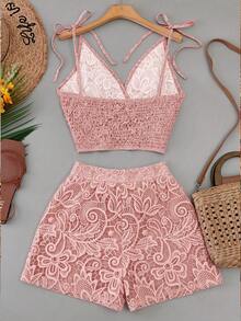 Vavine Women's Casual Set With Lace Pattern Ruffle Shoulder Knot Tank Top And Shorts - Coral Pink - View 2