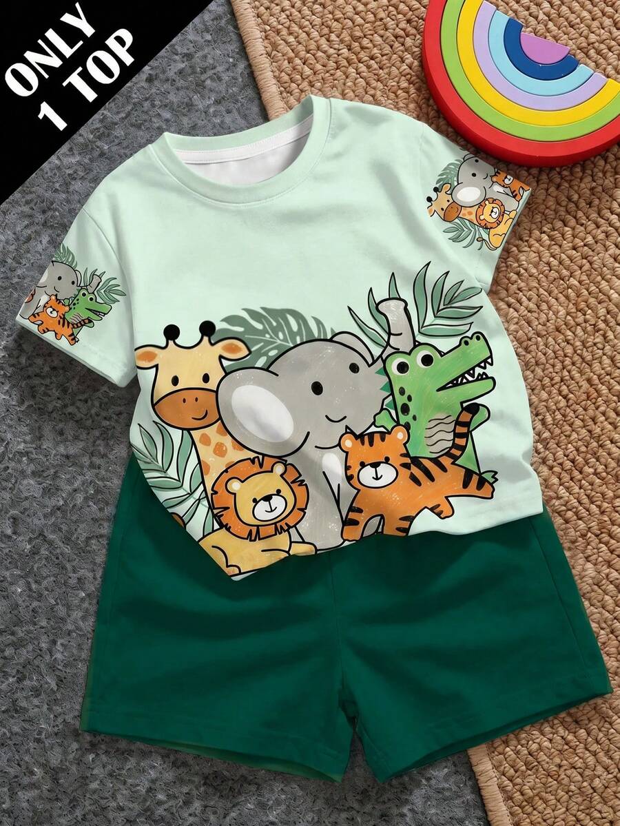 Young Boy Short Sleeve T-Shirt Casual Minimalist Suitable For Summer, Classic Cute Hand-Drawn Animal Pattern Print, Cute Cartoon Giraffe, Elephant, Crocodile, Lion, Animal Pattern Print, Suitable For Autumn/Winter - Multicolor - View 1