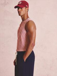 Musero Camiseta de tirantes Henley acanalada a rayas con detalle de botones delanteros, esencial para primavera y verano - Rojo - Ver 3