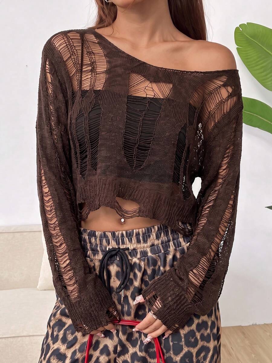 SHEIN EZwear 休閒不對稱破洞女款毛衣 - 巧克力棕 - 查看 1