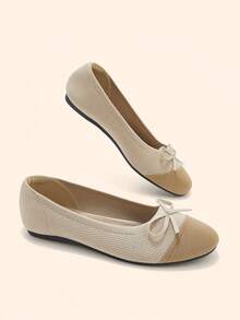 CUCCOO BASICS Women's Round Toe Flat Sole Shoes Knitted Breathable Toe Bow Low Vamp Shoes Gentle And Simple Style Commuting Slouchy Versatile Fashion Shoes - Beige - View 3