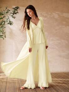 MOTF PREMIUM LACE PATCHWORK MODAL TOP & PANTS PAJAMA SET, SPRING/SUMMER - Yellow - View 6