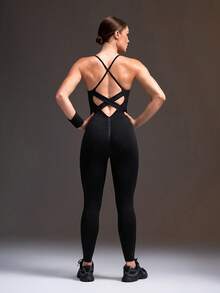 Powerista Women's Minimalist Solid Color Tight Fit Sports One-Piece Long Pants Yoga - Black - View 3