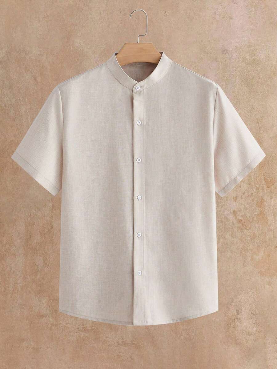 HIMLAND Men's Solid Color Single-Breasted Casual Short Sleeve Shirt For Daily Wear - Linen Brown - View 1