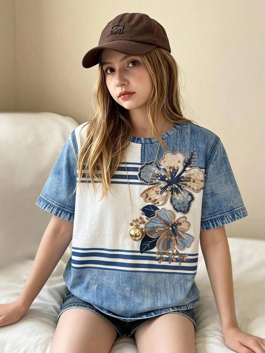 Kaos Anak Perempuan Remaja Motif Retro Bunga Blok Warna Nyaman dengan Leher Bulat, Cocok untuk Pakaian Sehari-hari Musim Semi/Panas, Aktivitas Luar Ruangan, Atasan Kasual Serbaguna Musim Panas - MultiWarna - View 1