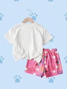 SHEIN | PAW Patrol 女童极简印花圆领短袖T恤和短裤套装 - 白色 - 查看 2