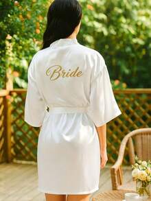 Cirelle 1pc Satin Bride Robe With Gold Embroidery - Soft Silk Kimono Bridal Robe For Women - Short White Bathrobe Loungewear For Wedding Day, Bridal Party & Getting Ready - White - View 8