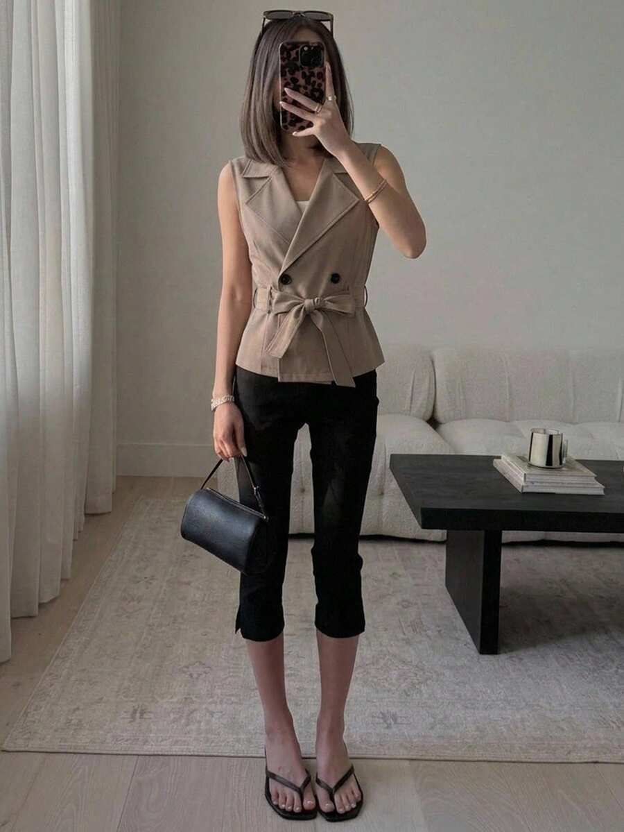 Easowa Women's Double-Breasted Sleeveless Trench Coat Autumn Formal Wear Work Business Office Outfits Black Casual Smart Elegant