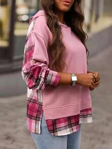 EMERY ROSE Plus Size Women's Blush Pink Plaid Color Block Hooded Long Sleeve Ribbed Cuff Pullover Hoodies Casual Daily Going Out Fall Fashion 2026 - Dusty Pink - View 10
