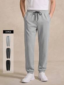 Courvante Set de 3 pantalones de chándal holgados para hombre con bolsillos en diagonal y cintura con cordón - Multicolor - Ver 1
