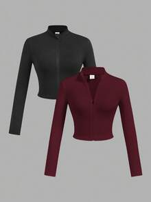 SHEIN Girlism 青少年女孩簡約休閒彈性前拉鍊立領修身長袖上衣 - 彩色 - 查看 3