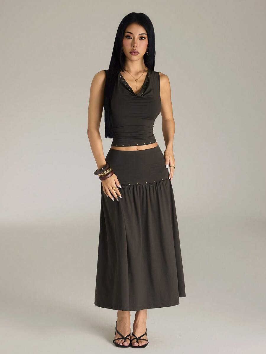 SHEIN PETITE 女款純色垂領背心上衣與裙子時尚兩件套
