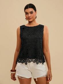 Travachic Plus Size Women's Crochet Knit Round Neck Sleeveless Casual Black Top - Vacation Summer Holiday Beach Evening Formal Valentine's Day Carnival Elegant - Black - View 4