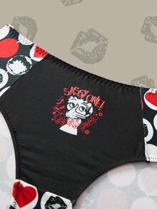 Betty Boop x SHEIN 2 条装黑白红唇红心卡通印花女式内裤 - 彩色 - 查看 8