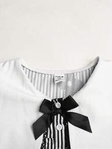 SHEIN Tween Girl Tween Girls Tween Girl Large Collar Contrast Color Floral Stripe A-Line Contrast Bow Back To School Black And White Dress - Black - View 10
